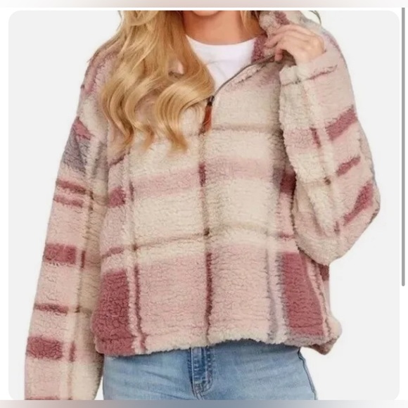 Thread & Supply Small Plaid Sherpa Pink Half Zip Sweater - Picture 7 of 7